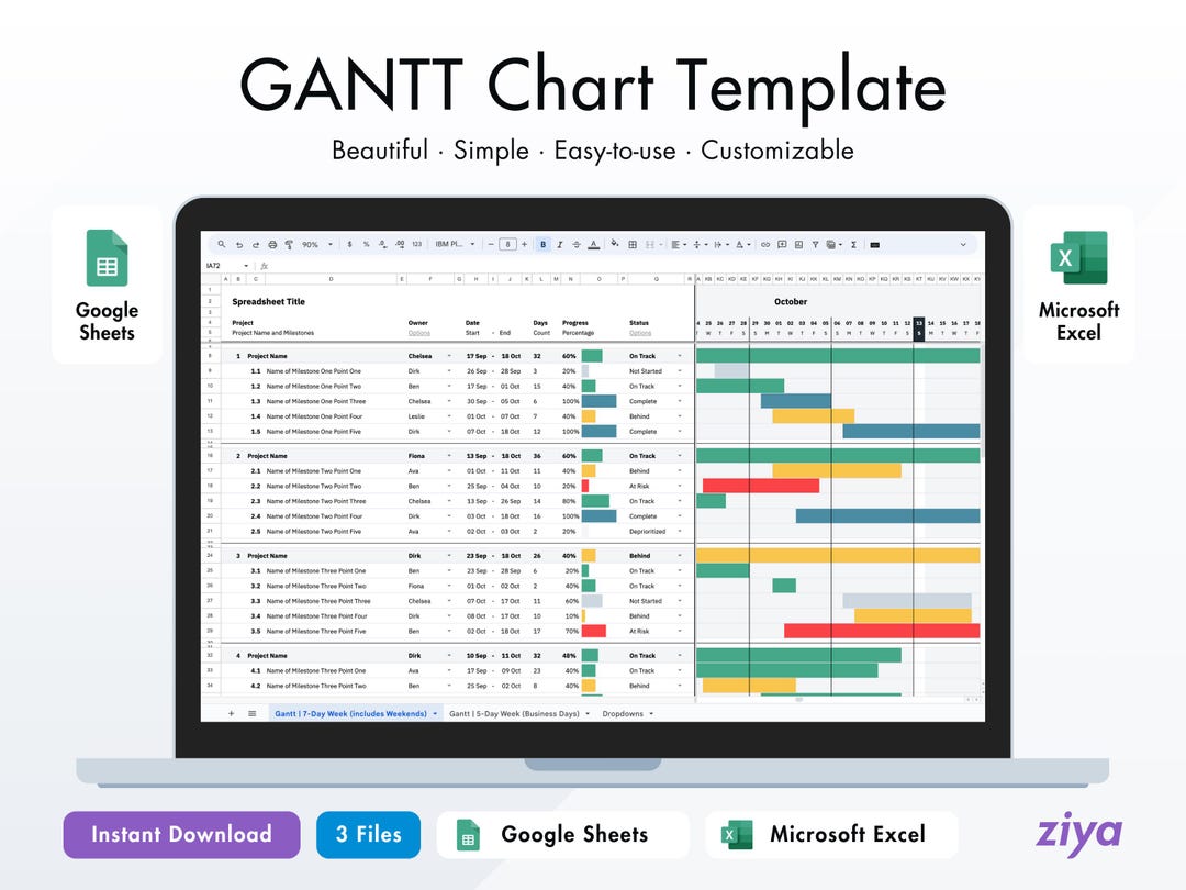 Simple Gantt Chart Google Sheets, Microsoft Excel, 7day Week, 5day