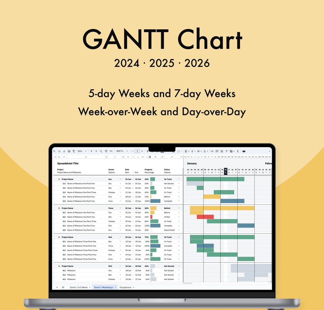 2024 2025 2026 Gantt Chart Template Google Sheets Microsoft Excel .XLSX
