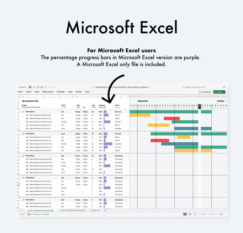 Simple Gantt Chart Google Sheets, Microsoft Excel, 7day Week, 5day