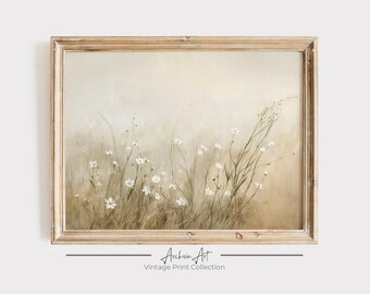 Pintura a óleo de paisagem de campo de flores silvestres para impressão, impressão de arte de paisagem rural, download digital de arte de parede de fazenda