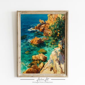 Mediterranean Coastal Cliff Printable Art – Vibrant Seaside Landscape with Orange Tree, Digital Download