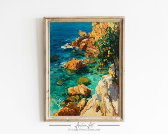 Mediterranean Coastal Cliff Printable Art – Vibrant Seaside Landscape with Orange Tree, Digital Download