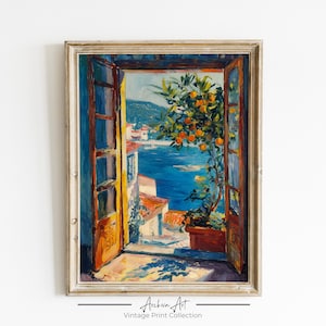 Mediterranean Window View Printable Wall Art – Colorful Coastal Painting with Orange Tree, Digital