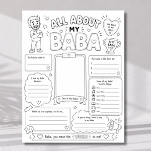 May include: A black and white printable activity sheet titled All About My Baba, featuring a cartoon man, a heart with the text My Baba Is My Hero, and a trophy labelled Best Baba Ever. It includes fill-in-the-blank sections for personal notes.