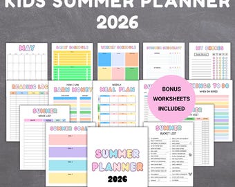 Kinder Sommer Kalender 2026 | Aktivitätsdiagramme, Zeitpläne, Bucket List (PDF)
