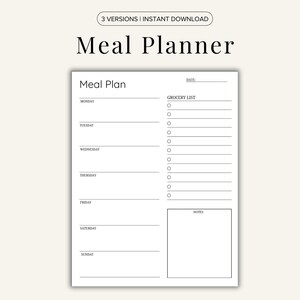 Weekly Meal Planner with Grocery List Printable Template , Grocery List, meal prep planner, 7 Day Menu Plan, Food Diary, Meal Prep Planner