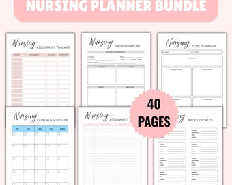 May include: A nursing planner bundle with a pink header that reads "NURSING PLANNER BUNDLE." The bundle includes several pages for tracking assignments, patient reports, topic summaries, clinical schedules, and professional contacts. The bundle contains 40 pages.