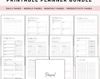 May include: A printable planner bundle featuring black text on white paper. The collection includes daily, weekly, monthly, and productivity pages with headers like Monthly Planner, Weekly Review, Daily Meal Planner, Project Plan, and To Do List.