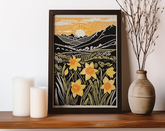 Puede incluir: Una impresión artística enmarcada que presenta un paisaje negro y amarillo con narcisos. La obra de arte representa un amanecer sobre colinas y montañas. La impresión se exhibe en una estantería de madera con velas y un jarrón.