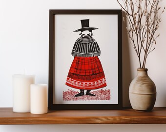 Welsh Lady Linocut Style JPG Download | Celtic Folk Wall Decor | Tasteful Mid-Century Cosy Art