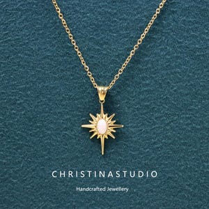 Fire Opal Starburst Necklace White and Blue Opal Star Pendant Necklace Crystal Star Necklace Birthstone Jewelry for Women