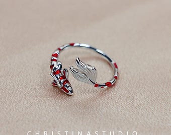 S925 Sterling Silver Red Lucky Koi Fish Adjustable Open Ring