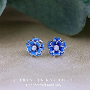 S925 Sterling Silver Vintage Blue Pearl Flower Resin Open