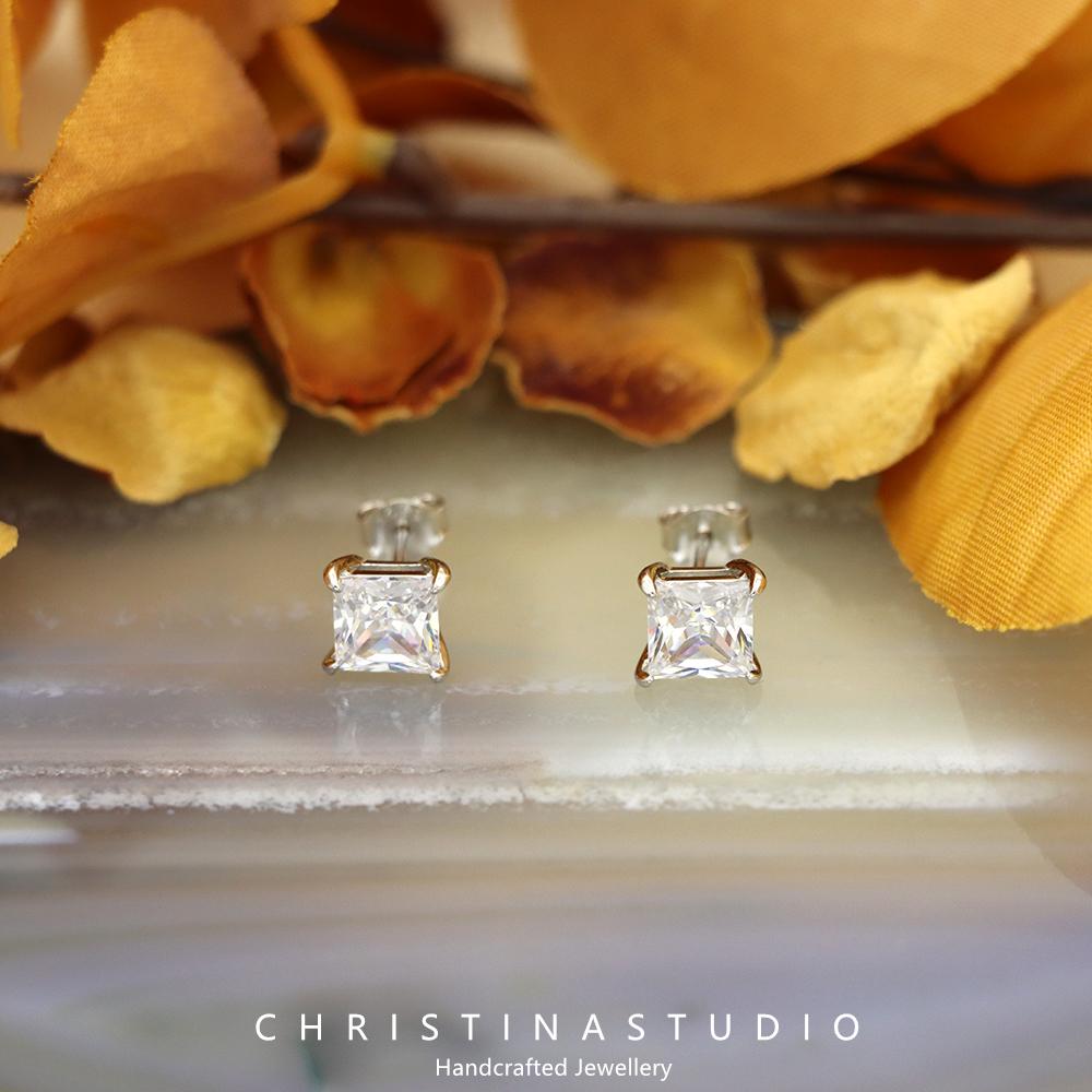 S925 Sterling Silver Square Zircon Stud Earrings for Women