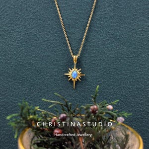 Fire Opal Starburst Necklace White and Blue Opal Star Pendant Necklace Crystal Star Necklace Birthstone Jewelry for Women