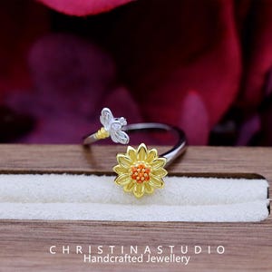 S925 Sterling Silver Sunflower Rotating Ring, Sunflower Ring