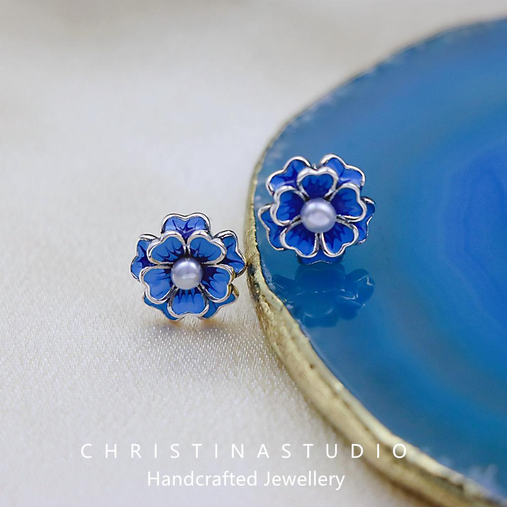 S925 Sterling Silver Vintage Blue Pearl Flower Resin Open