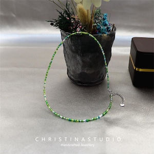 Tiny Green Crystal Beaded Choker – Sparkling Green and White Porcelain Stacking Necklace, Gift for Her