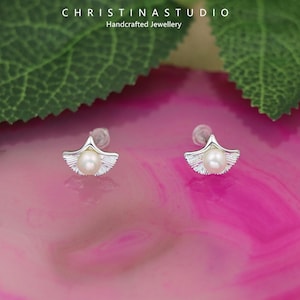 S925 sterling silver pearl ginkgo leaf earrings, gifts for her