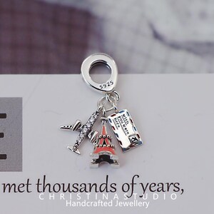 Pendentif avion, tour Eiffel et carte postale en argent sterling S925, forme Pandora