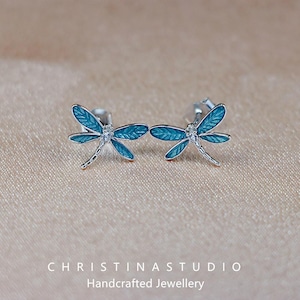 S925 Sterling Silver Blue Dragonfly Stud Earrings