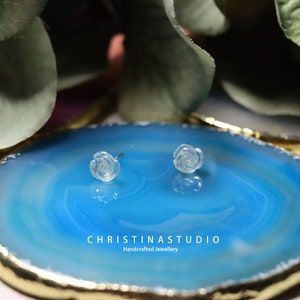 Hand Carved Natural Aquamarine Flower Stud Earrings and Necklace in Sterling Silver, Rose Flower Earrings,March Birthstone