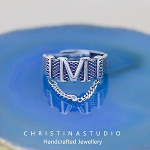 S925 Sterling Silver Letter &#39;M&#39; Tassel Chain Adjustable Ring