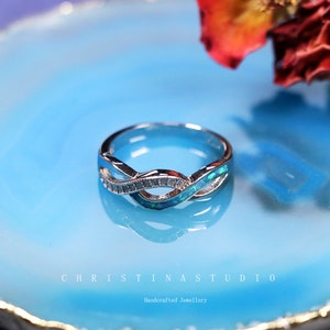 Infinity Blue Opal Ring, Promise Ring with Diamond Simulants, Modern Twist Ring, Blue Opal Sterling Silver Ring, October Birthstone Ring