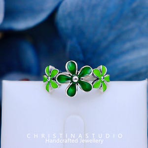 S925 Sterling Silver Resin Green Flower Creative Open Ring, Woodland and Countryside Style