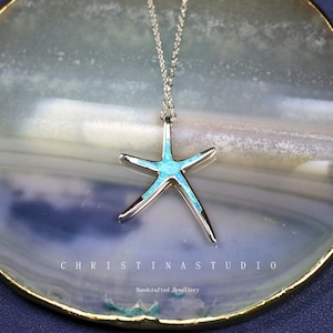 Sterling Silver Blue Opal Starfish Necklace, Sea Theme Necklace, Starfish Jewelry, October Birthstone Necklace, Gemstone Necklace, Sea Star