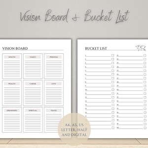 Peut inclure: Un modèle imprimable de tableau de vision et de liste de choses à faire. Le tableau de vision est divisé en neuf sections : santé, famille, personnel, richesse, carrière, amour, amitiés, spirituel et voyages. La liste de choses à faire comporte 40 lignes numérotées avec des cases à cocher.