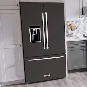May include: A modern kitchen featuring a black refrigerator with a water dispenser, stainless steel oven, and gray cabinets. The kitchen has white upper cabinets, a patterned backsplash, and a light wood-look floor.