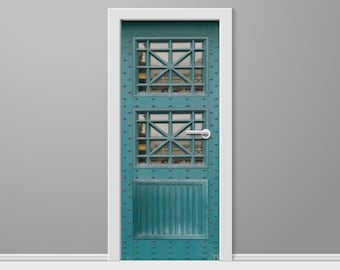 May include: A teal blue door with a white frame and two rectangular windows with a metal grate design. The door has a silver door handle and a row of metal rivets.