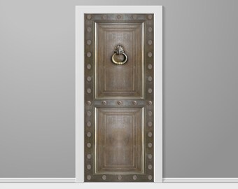 May include: A brown metal door with a decorative lion head knocker and a white frame. The door is decorated with rivets and a pattern of circles.