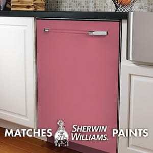 May include: A pink dishwasher door with a silver handle. The text "MATCHES SHERWIN WILLIAMS PAINTS" is below the door. The Sherwin Williams logo is a paint can dripping paint with the text "COVER THE EARTH" on it.