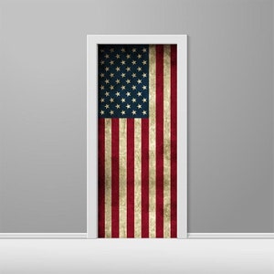 May include: A white door with a distressed American flag decal. The flag is red, white, and blue with a faded, vintage look.