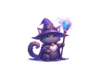May include: A sticker featuring a cartoon cat dressed as a wizard. The cat wears a purple wizard hat and cape, holding a staff with a glowing blue orb. The cat has blue eyes and a white chest.