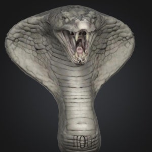 May include: A detailed, grey cobra with its mouth open, revealing sharp teeth and a pink interior. The snake's hood is spread wide, and the body is marked with textured scales. The image is set against a dark background.