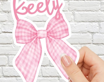 Custom Name Pink Gingham Bow Sticker, Vinyl Name Sticker for Water Bottles, Laptops, Journals Notebooks,  Personalized Name Decals Pink Bow