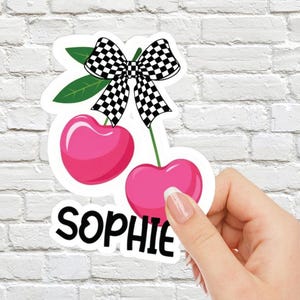 Custom Name Sticker, Pink Cherries Coquette Bow Sticker, Retro Cherries Sticker with Name, Coquette Stickers, Laptop Sticker, Cherry Sticker