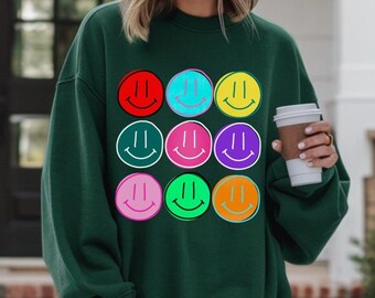 Trendy smiley-sweaters, smile-grafisch sweatshirt, kleurrijk shirt met glimlach, sweatshirt met glimlach voor vrouwen en meisjes, cadeau voor haar, glimlach