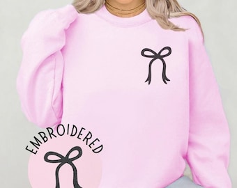 Embroidered Bow Sweatshirt, Ribbon Bow Embroidered Crewneck Sweatshirt, Coquette Sweatshirt, Black Bow Sweater Embroidered, Womens Bow Shirt