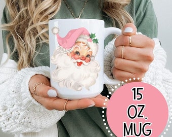 Pink Santa Retro Christmas Mug, Retro Santa Coffee Cup, Pink Retro Christmas Coffee Mug, Cute Pink Santa Mug, 15 oz coffee mugs Christmas