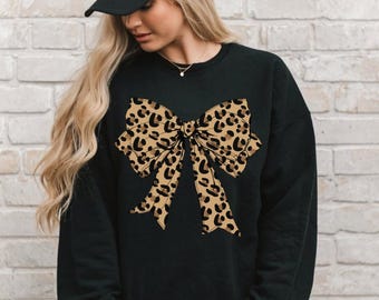 Coquette Leopard Bow Sweatshirt | Cute Coquette Shirts | Coquette Aesthetic | Girly Girl Shirts | Preppy Bow Shirts | Leopard Ribbon Sweater