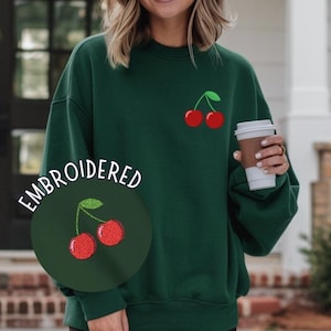 Cherry Sweatshirt, Embroidered Cherry Shirt, Trendy Cherry Shirts, Foodie Shirts, Cute Cherry Crewneck Sweatshirt for Women & Girls, Gifts