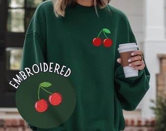 Cherry Sweatshirt, Embroidered Cherry Shirt, Trendy Cherry Shirts, Foodie Shirts, Cute Cherry Crewneck Sweatshirt for Women & Girls, Gifts