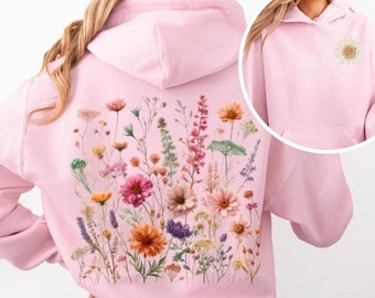 Vintage Pressed Flowers Hoodie, Boho Cottagecore Hooded Sweatshirt, Pastel Botanical Floral Pullover Fairycore Oversized Wildflowers Hoodies