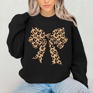 Bow Sweatshirt | Leopard Coquette Bow Shirts | Coquette Aesthetic | Girly Girl Shirts Preppy Bow Shirts Leopard Ribbon Sweater | Trendy Gifts