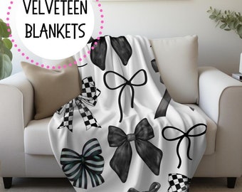 Coquette Blanket | Black Bow Velveteen Plush Blanket | Coquette Aesthetic Room Decor | Cute Throw Blanket | Xmas and Birthday Gift for her