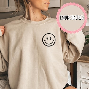 Embroidered Sweatshirt, Smiley Sweatshirt, Embroidered Gifts, Happy Face Crewneck Sweatshirts, Smile embroidery sweater, Gifts for her